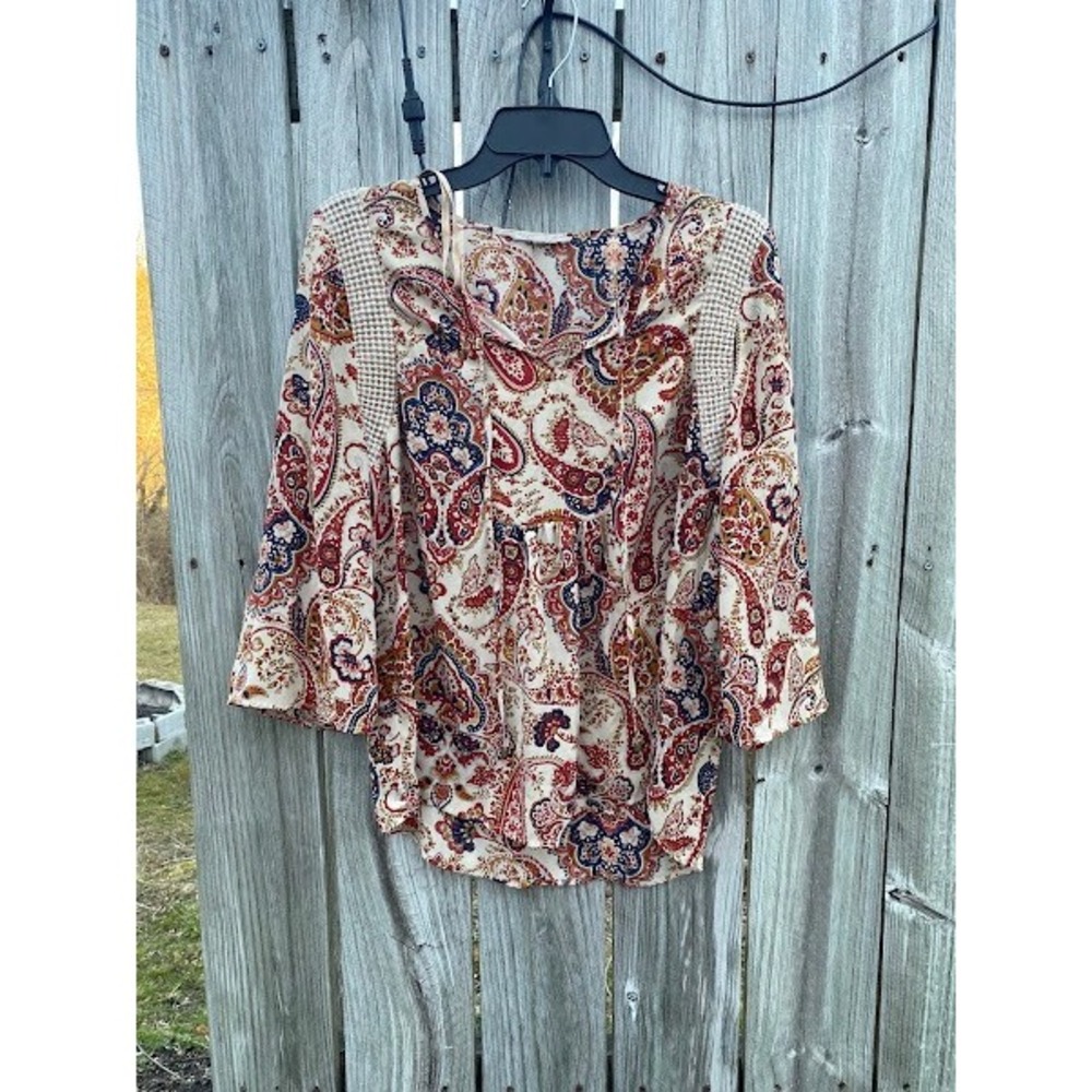 My Danielle Womens Paisley Crochet Trim Bell Sleeve Blouse Red Blue MD15017PR1 M